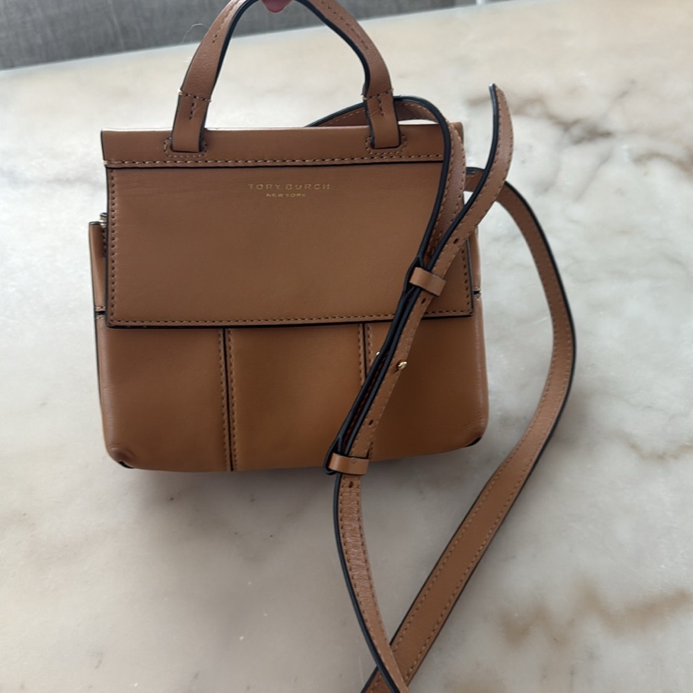 Tory Burch Block  T Mini Satchel Bag Light Tan Leather Handbag Top Handle 2 Ways - Picture 16 of 17